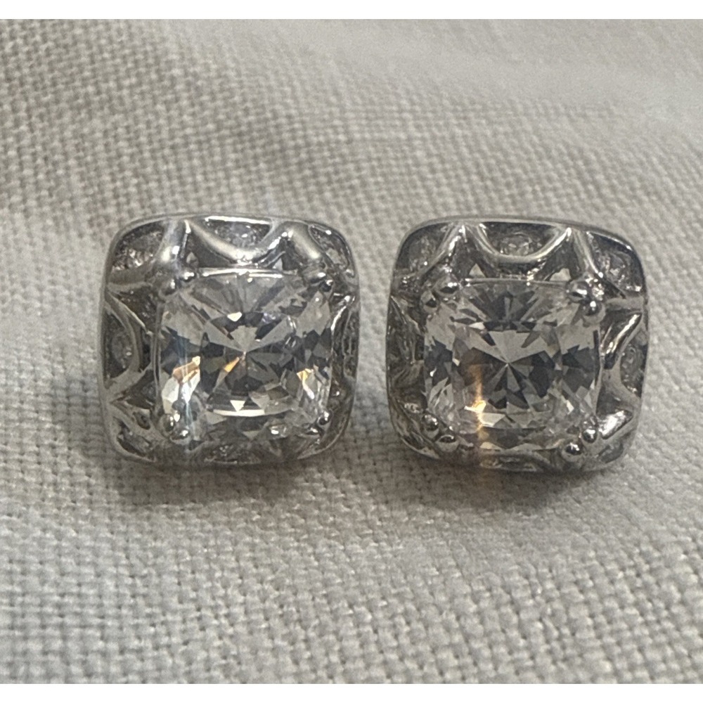 Tacori Square Sterling 925 CZ Stud Earrings Cushion Cut *Missing One Backing*